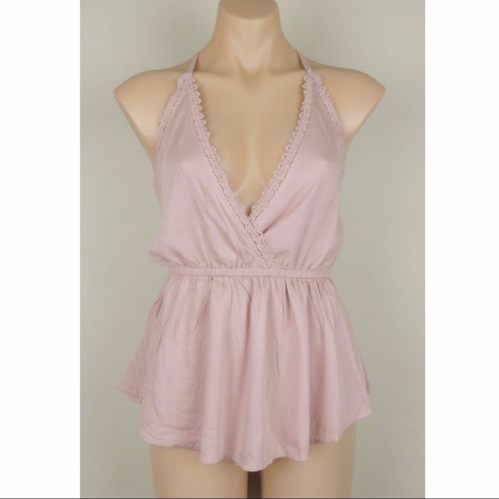 LA Hearts Crochet Lace Pink V Neck Top